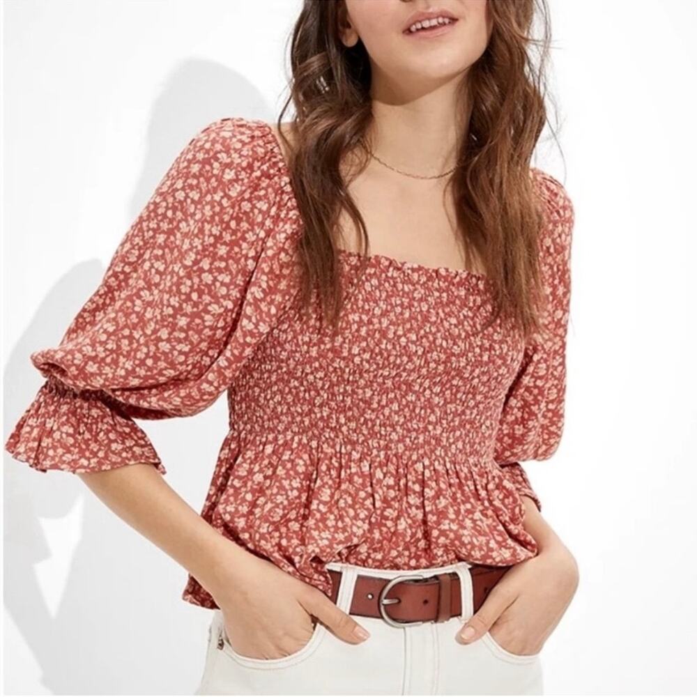 American Eagle Orange Floral Smocked Square Neck Babydoll Top